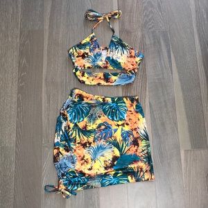 SHEIN SXY Tropical Print Crop Halter Top & Bodycon Skirt